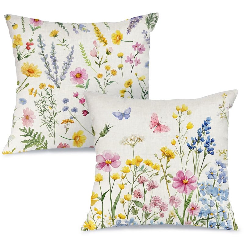 AACORS Spring Pillow Covers 18x18 Set of 2,Floral Butterfly Decorations Seasonal Summer Farmhouse Pillow Case Decor for Sofa Couch AA474-18-2 - Image 1