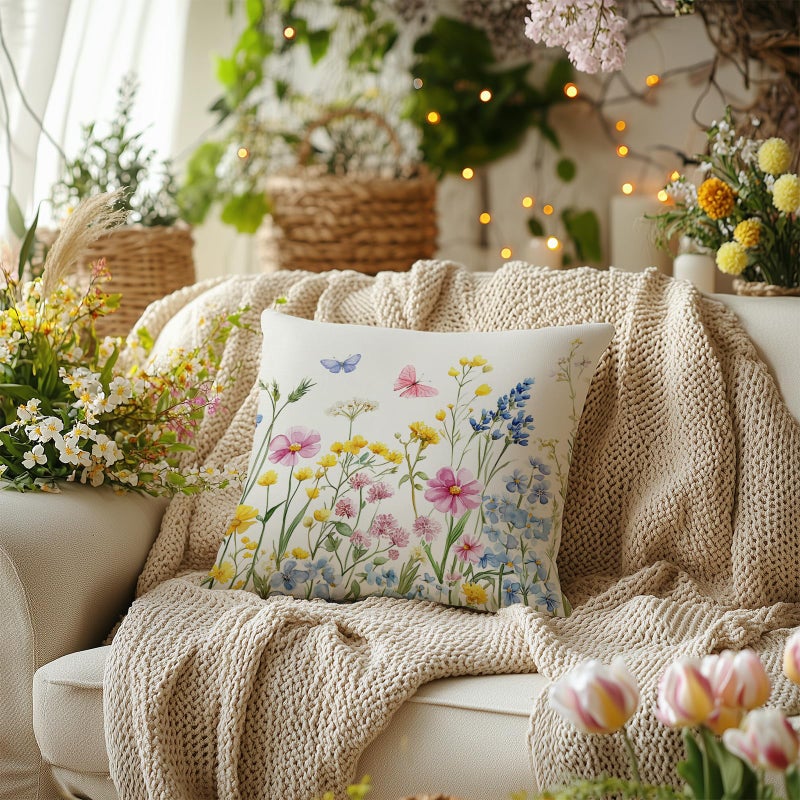 AACORS Spring Pillow Covers 18x18 Set of 2,Floral Butterfly Decorations Seasonal Summer Farmhouse Pillow Case Decor for Sofa Couch AA474-18-2 - Image 2