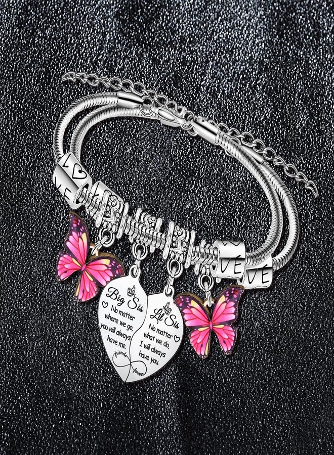 BESPMOSP 2PCs Big Sister Little Sister Heart Matching Charm Bracelet for Women Sisters Gifts from Sisters Birthday Gift Big Sis Little Sis Bracelet Set Butterfly Charm Jewelry Gifts - Image 3