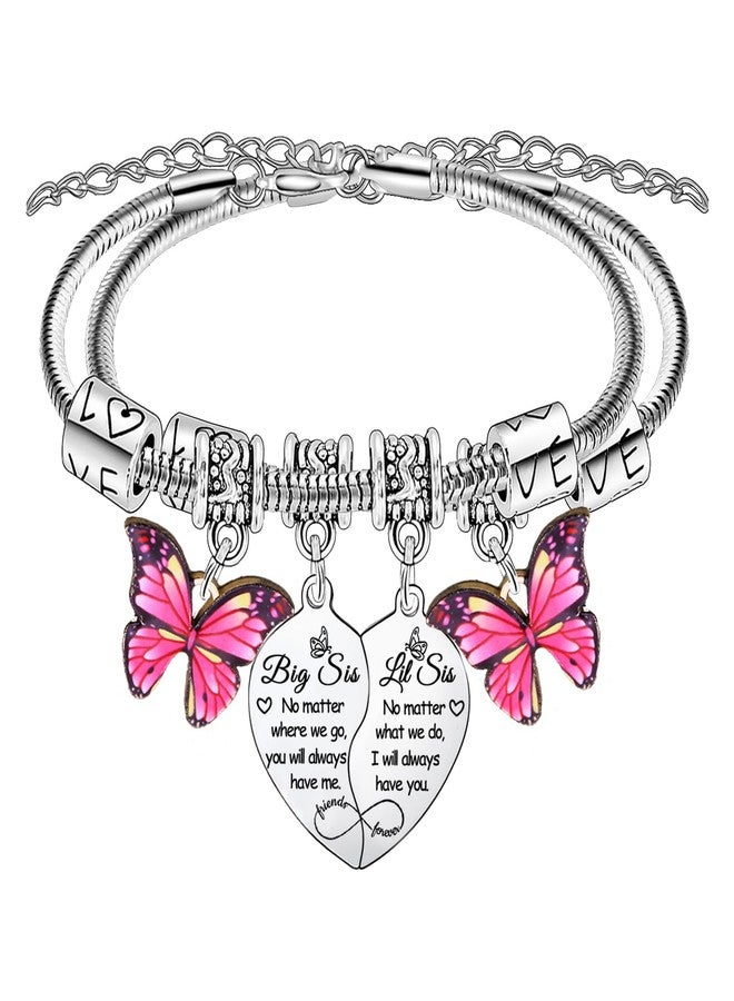 BESPMOSP 2PCs Big Sister Little Sister Heart Matching Charm Bracelet for Women Sisters Gifts from Sisters Birthday Gift Big Sis Little Sis Bracelet Set Butterfly Charm Jewelry Gifts - Image 1