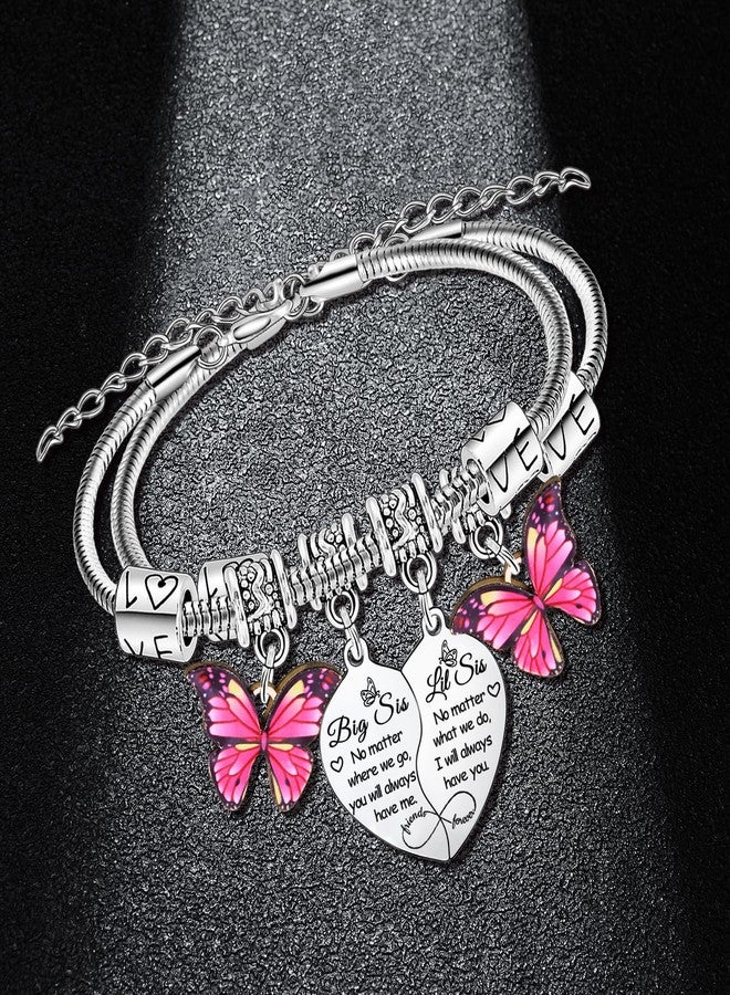 BESPMOSP 2PCs Big Sister Little Sister Heart Matching Charm Bracelet for Women Sisters Gifts from Sisters Birthday Gift Big Sis Little Sis Bracelet Set Butterfly Charm Jewelry Gifts - Image 2