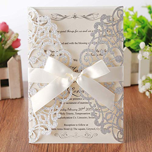Hosmsua 50PCS Silver Laser Cut Wedding Invitations Cards with bowknot & Envelopes 5.12 x 7.3'' Blank invitation for Wedding Bridal Shower Engagement Birthday Quinceanera Invite (Silver Glitter) - Image 1