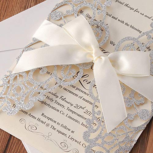 Hosmsua 50PCS Silver Laser Cut Wedding Invitations Cards with bowknot & Envelopes 5.12 x 7.3'' Blank invitation for Wedding Bridal Shower Engagement Birthday Quinceanera Invite (Silver Glitter) - Image 5