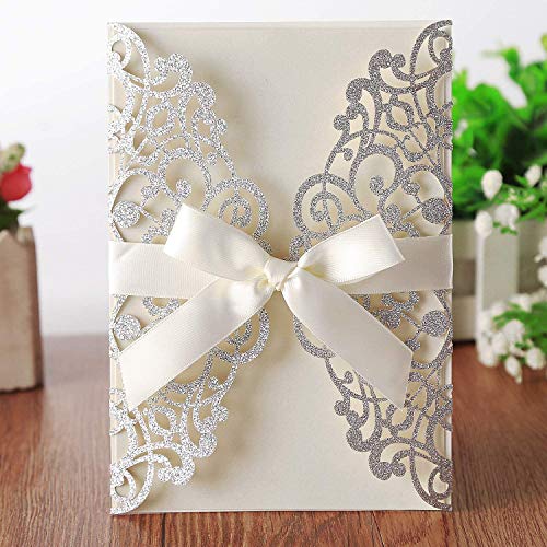Hosmsua 50PCS Silver Laser Cut Wedding Invitations Cards with bowknot & Envelopes 5.12 x 7.3'' Blank invitation for Wedding Bridal Shower Engagement Birthday Quinceanera Invite (Silver Glitter) - Image 4