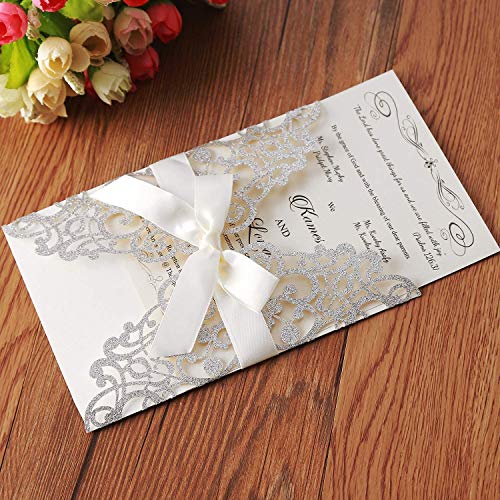 Hosmsua 50PCS Silver Laser Cut Wedding Invitations Cards with bowknot & Envelopes 5.12 x 7.3'' Blank invitation for Wedding Bridal Shower Engagement Birthday Quinceanera Invite (Silver Glitter) - Image 3