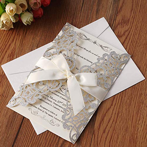 Hosmsua 50PCS Silver Laser Cut Wedding Invitations Cards with bowknot & Envelopes 5.12 x 7.3'' Blank invitation for Wedding Bridal Shower Engagement Birthday Quinceanera Invite (Silver Glitter) - Image 2