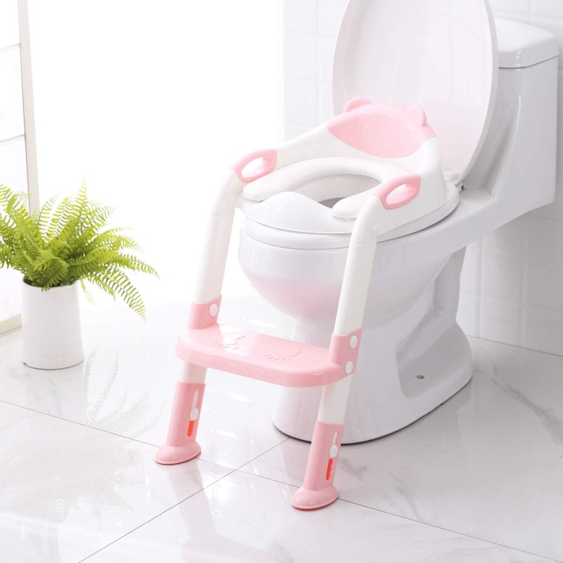 SKYROKU Potty Training Seat with Step Stool Ladder, SKYROKU Potty Training Toilet for Kids Boys Girls Toddlers - Comfortable Safe Potty Seat with Anti-Slip Pads Ladder Pink  - Image 1