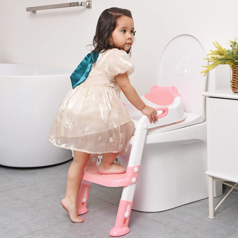 SKYROKU Potty Training Seat with Step Stool Ladder, SKYROKU Potty Training Toilet for Kids Boys Girls Toddlers - Comfortable Safe Potty Seat with Anti-Slip Pads Ladder Pink  - Image 2