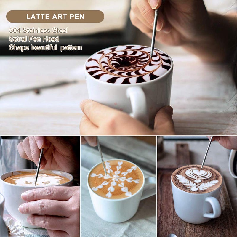 Satu Brown Milk Frother Handheld Art Set - with Milk Frother Pitcher, Powder Cocoa Shaker, Latte Art Pen, Coffee Stencils, Coffee Spoons - Image 5