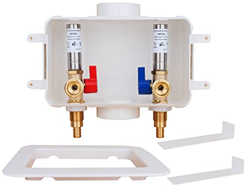 WHK Washing Machine Outlet Box,Pex Laundry Box Washer Wall Box With Drain Recessed Water Valve Box Center Double Drain 1/2-inch Crimp PEX B,PVC White (With Stainless Steel Water Hammer Arrester) - Image 1