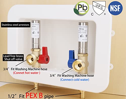 WHK Washing Machine Outlet Box,Pex Laundry Box Washer Wall Box With Drain Recessed Water Valve Box Center Double Drain 1/2-inch Crimp PEX B,PVC White (With Stainless Steel Water Hammer Arrester) - Image 4