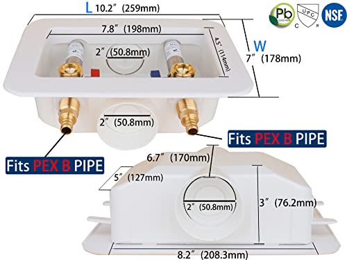 WHK Washing Machine Outlet Box,Pex Laundry Box Washer Wall Box With Drain Recessed Water Valve Box Center Double Drain 1/2-inch Crimp PEX B,PVC White (With Stainless Steel Water Hammer Arrester) - Image 5