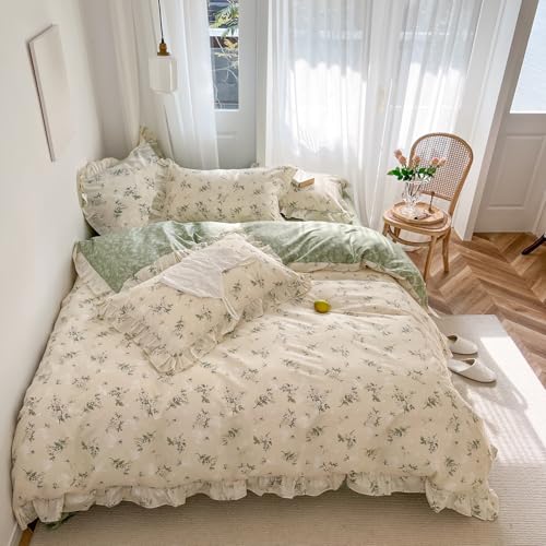 mixinni Reversible Sage Green Floral Duvet Cover Set Twin Size - 100% Cotton Soft Botanical Bedding with Ruffle Lace, 3 Pieces Cute Aesthetic Cottagecore Antique Style Quilt Cover Set for Girls Women - Image 3
