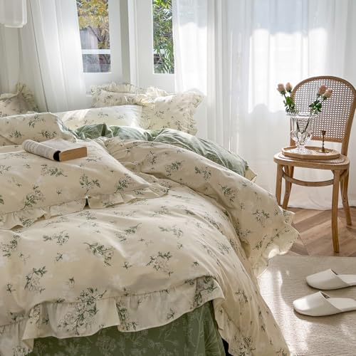 mixinni Reversible Sage Green Floral Duvet Cover Set Twin Size - 100% Cotton Soft Botanical Bedding with Ruffle Lace, 3 Pieces Cute Aesthetic Cottagecore Antique Style Quilt Cover Set for Girls Women - Image 5