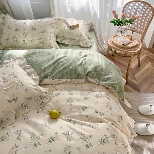 mixinni Reversible Sage Green Floral Duvet Cover Set Twin Size - 100% Cotton Soft Botanical Bedding with Ruffle Lace, 3 Pieces Cute Aesthetic Cottagecore Antique Style Quilt Cover Set for Girls Women - Image 1