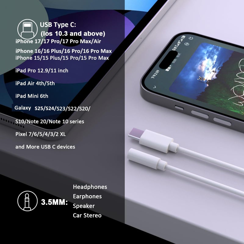 esbeecables [Apple MFi Certified] iPhone 17 16 15 Headphone Adapter, 2 Pack USB Type C to 3.5mm Female Aux Audio Dongle Adapter Cable Cord for iPhone 17 16 15 Pro Max, Galaxy S25 S24 S23 Ultra, Pixel 9 8 7 - Image 3