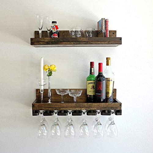 Vm decor sheesham Wood Wine Rack Wall Mounted Shelf with Unique Beveled Hanging Stemware Glass Holder Floating Bar Shelves Organizer - Image 1