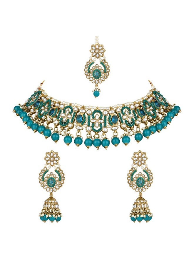 I Jewels I Jewels Gold Plated Traditional Kundan Pearl Choker Necklace Jewellery With Jhumki Earrings Set For Women & Girls (K7275PG)  - Image 1