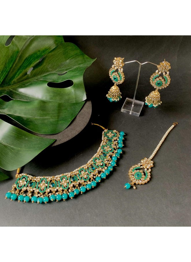 I Jewels I Jewels Gold Plated Traditional Kundan Pearl Choker Necklace Jewellery With Jhumki Earrings Set For Women & Girls (K7275PG)  - Image 2