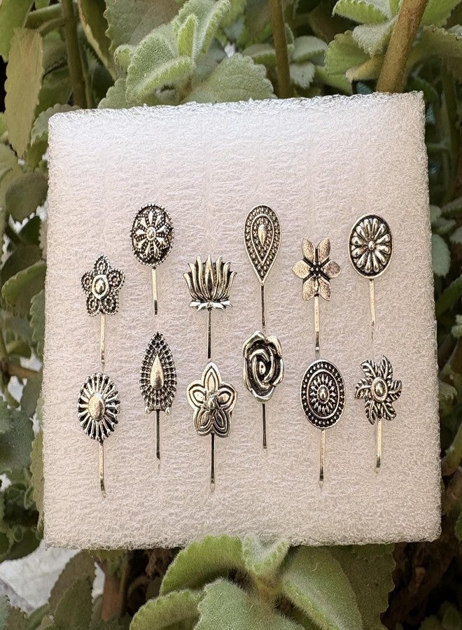 Inites (12 Pcs Traditional Silver Oxidised Metal Without Piercing Clip On NosePin Stud | Non Piercing Nosepin Ring Studs For Girls & Womens - Image 2