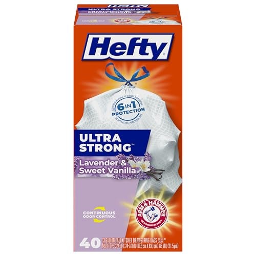 Hefty Ultra Strong 13 Gallon Trash Bags, Tall Kitchen Trash Bags 13 Gallon Size, Drawstring Closure, Continuous Odor Control, White, Lavender and Sweet Vanilla Scent, 40 Bags - Image 1