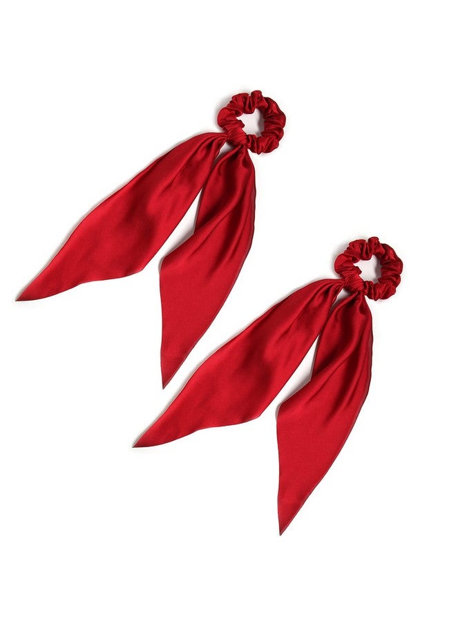 LFOUVRE Pack Of 2 Knotted Bow Hair Scrunchies Elastic Hair Scarf Black Hair Ties Bands Satin Hair Ribbon Scrunchy Red Ponytail Holder For Women And Girls (Burgundy) - Image 1