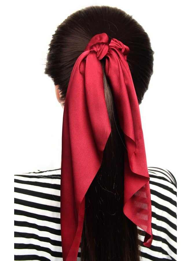 LFOUVRE Pack Of 2 Knotted Bow Hair Scrunchies Elastic Hair Scarf Black Hair Ties Bands Satin Hair Ribbon Scrunchy Red Ponytail Holder For Women And Girls (Burgundy) - Image 4
