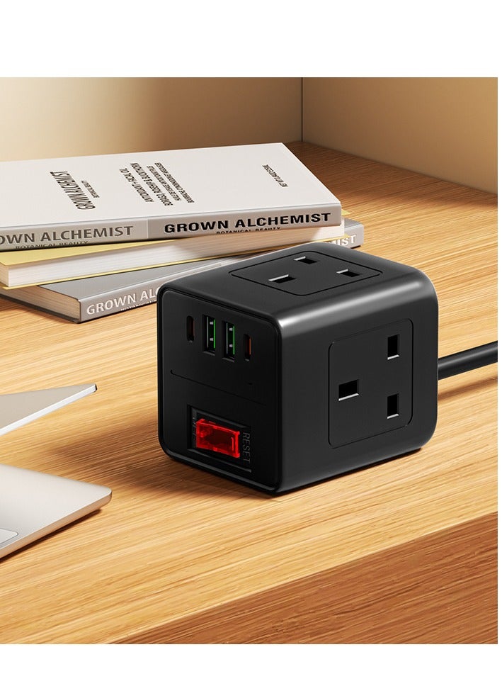 شريط طاقة منفذ جداري متعدد الوظائف مع 3 موانئ AC ، USB-A و Type-C ، سلك طاقة 2m ، 2 موانئ USB-A ، 2 موانئ Type-C ، تصميم مسطح للمنزل والمطبخ والمكتب والفندق والسفر البحري ، شريط طاقة السفر تصميم أسود أنيق توافق USB-A ، شرائط طاقة للمنافذ - Image 1