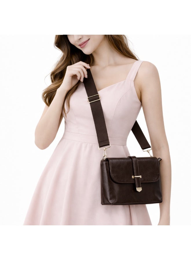 A classic women's crossbody bag crafted from premium genuine leather, featuring a stylish flap design, a distinctive silver metal clasp, and a wide, adjustable strap.