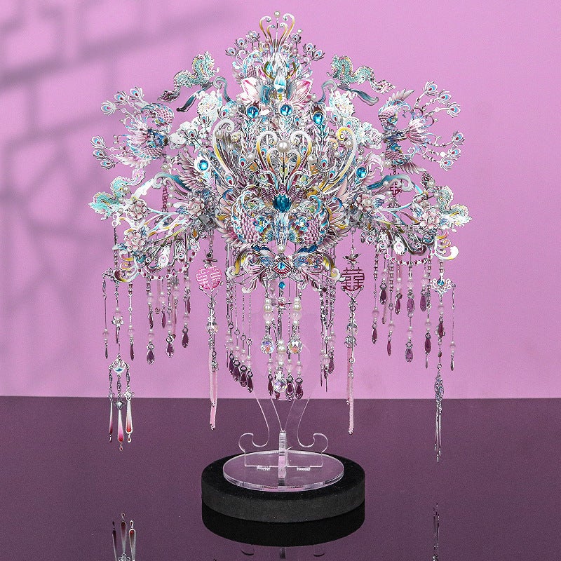 Steel Red Dress With Green Phoenix Crown And Fan 3D Metal Assembly Model Chinese Style Diy Wedding Gift For Women - Image 5