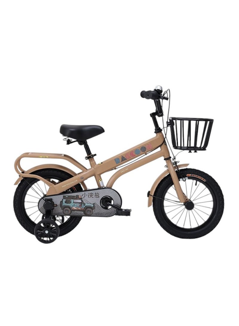 Star Kids 14 Inch Kids Bike for Boys and Girls with Basket, Training Wheels and Rear Rack (Light Brown)