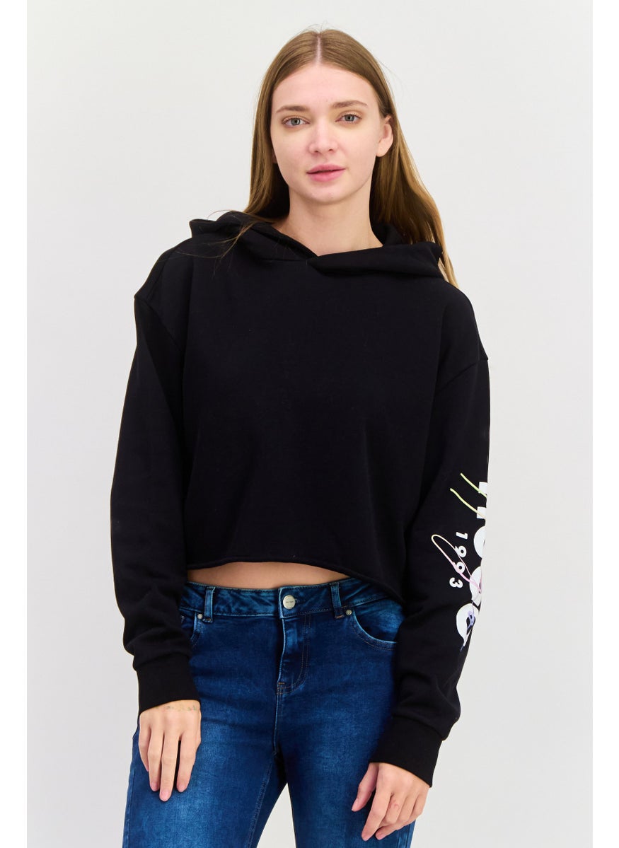 HUGO by Hugo Boss Women Hooded Long Sleeve Brand Logo Sweatshirt, Black  - Image 1