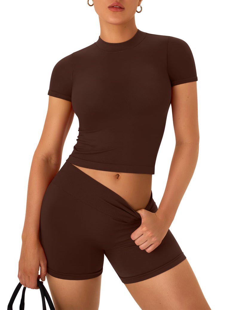 OLCHEE Womens Workout Sets 2 Piece Seamless Summer Outfits Scrunch Butt Shorts Crew Neck T-shirt Matching Clothing Set - Brown Medium - Image 1