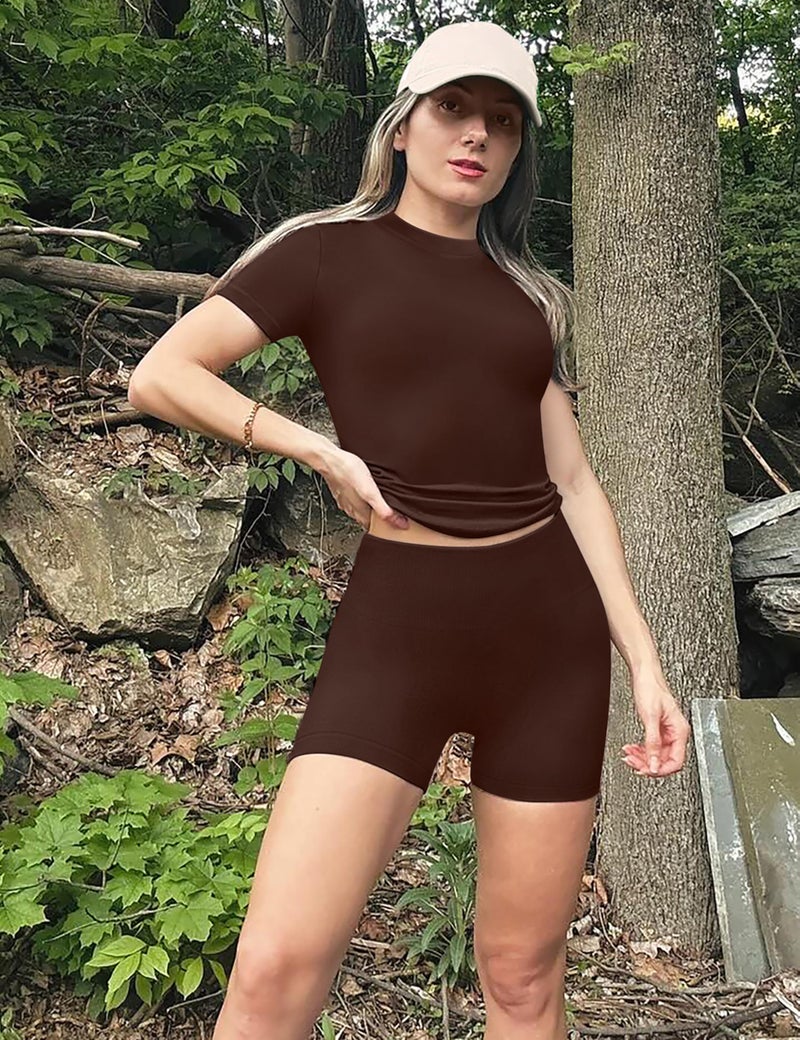 OLCHEE Womens Workout Sets 2 Piece Seamless Summer Outfits Scrunch Butt Shorts Crew Neck T-shirt Matching Clothing Set - Brown Medium - Image 4