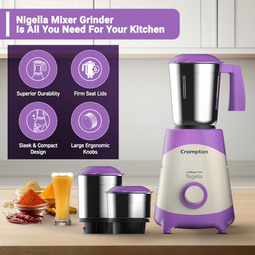 Crompton Nigella 500 Watts Mixer Grinder (ACGM-NIGELLA500W3J) Lavender & white - Image 4