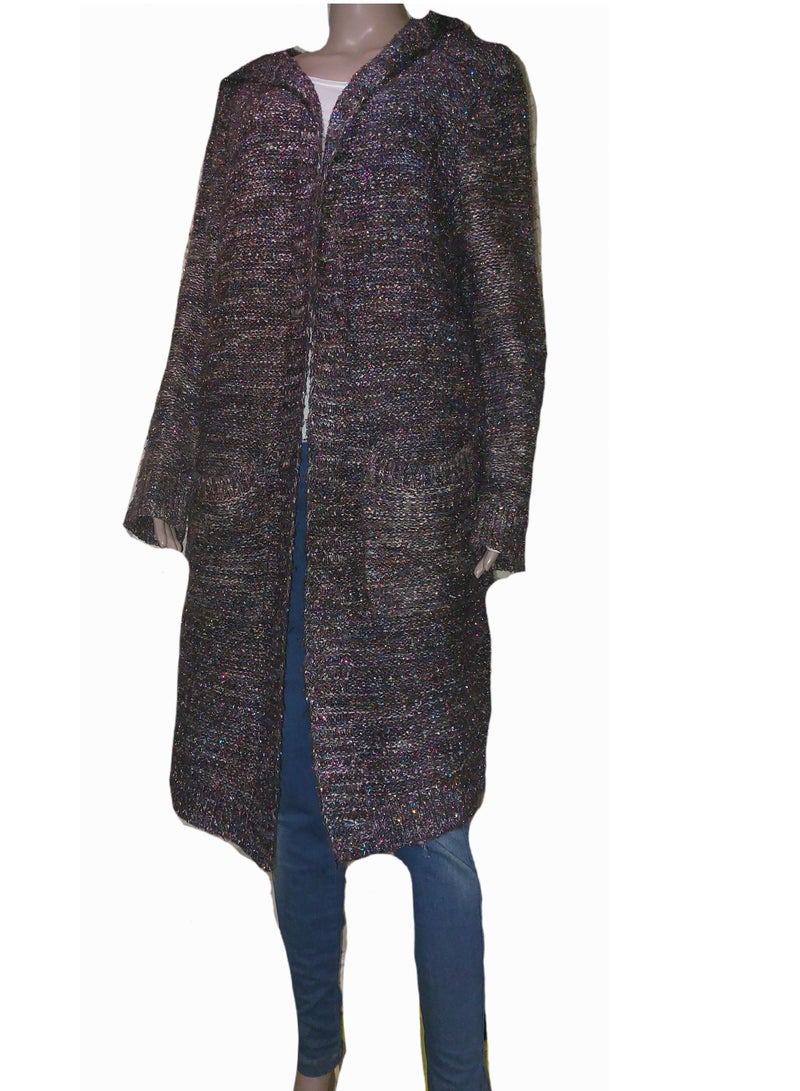 Women tricot long multicolor with metalic colors cardigan with hoodie - Image 1