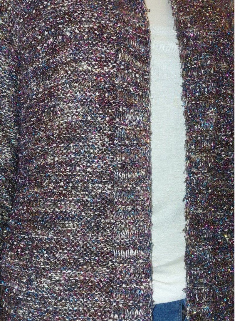 Women tricot long multicolor with metalic colors cardigan with hoodie - Image 4