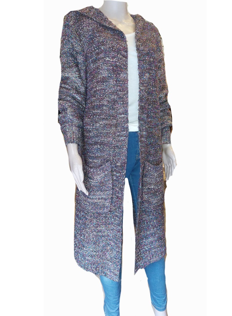 Women tricot long multicolor with metalic colors cardigan with hoodie - Image 5