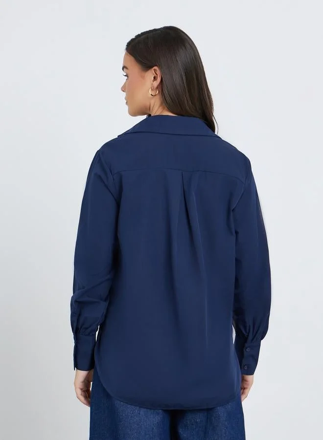 Styli Navy Blue Styli Solid Long Sleeve Regular Fit Shirt for Women | Best Price UAE