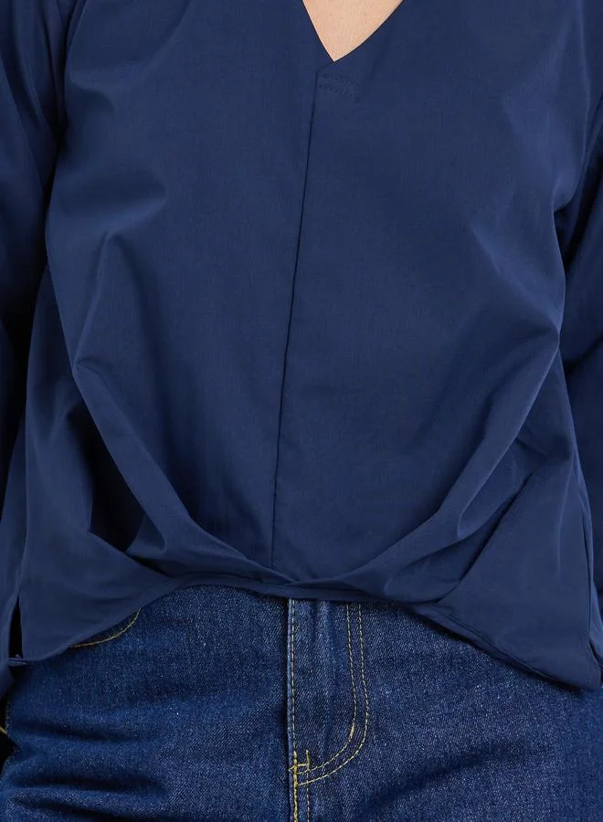 Styli Navy Blue Styli Solid Long Sleeve Regular Fit Shirt for Women | Best Price UAE