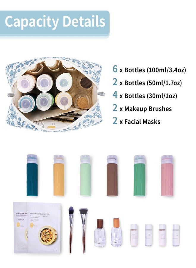 Narwey Cute Floral Makeup Bag Travel Cosmetic Bag Organizer Toiletry Bag Make Up Bags with Organized Pocket for Women (Large, Little Blue Flower) - Image 3
