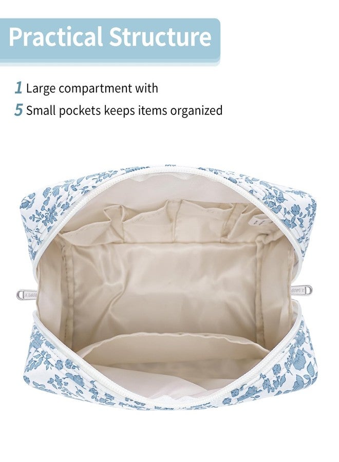 Narwey Cute Floral Makeup Bag Travel Cosmetic Bag Organizer Toiletry Bag Make Up Bags with Organized Pocket for Women (Large, Little Blue Flower) - Image 4