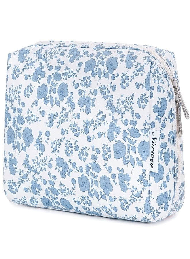 Narwey Cute Floral Makeup Bag Travel Cosmetic Bag Organizer Toiletry Bag Make Up Bags with Organized Pocket for Women (Large, Little Blue Flower) - Image 1