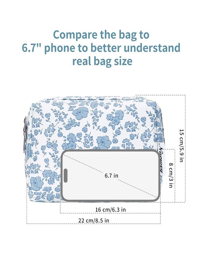Narwey Cute Floral Makeup Bag Travel Cosmetic Bag Organizer Toiletry Bag Make Up Bags with Organized Pocket for Women (Large, Little Blue Flower) - Image 5