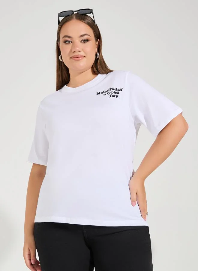 ستايلي Plus Size Embroidered Slogan Short Sleeve Round Neck Regular T-Shirt