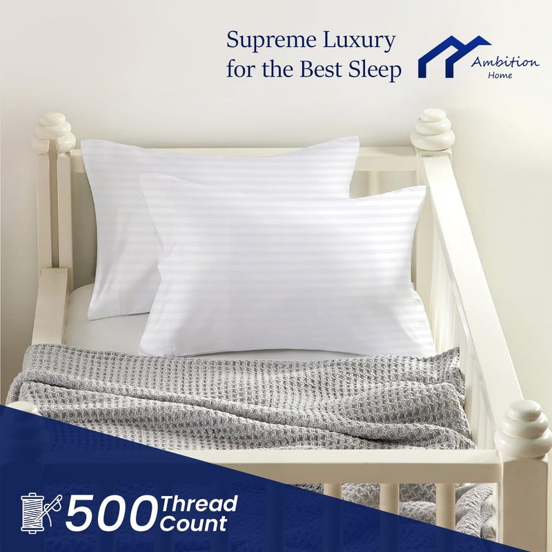 Ambition Home Toddler Travel Pillowcase 12x16 Inch White Striped Zipper Closer Pillow case Set of 2 PC Travel Pillow Cover 500 Thread Count 100% Soft Egyptian Cotton Decorative Travel Pillow Cover - Image 3