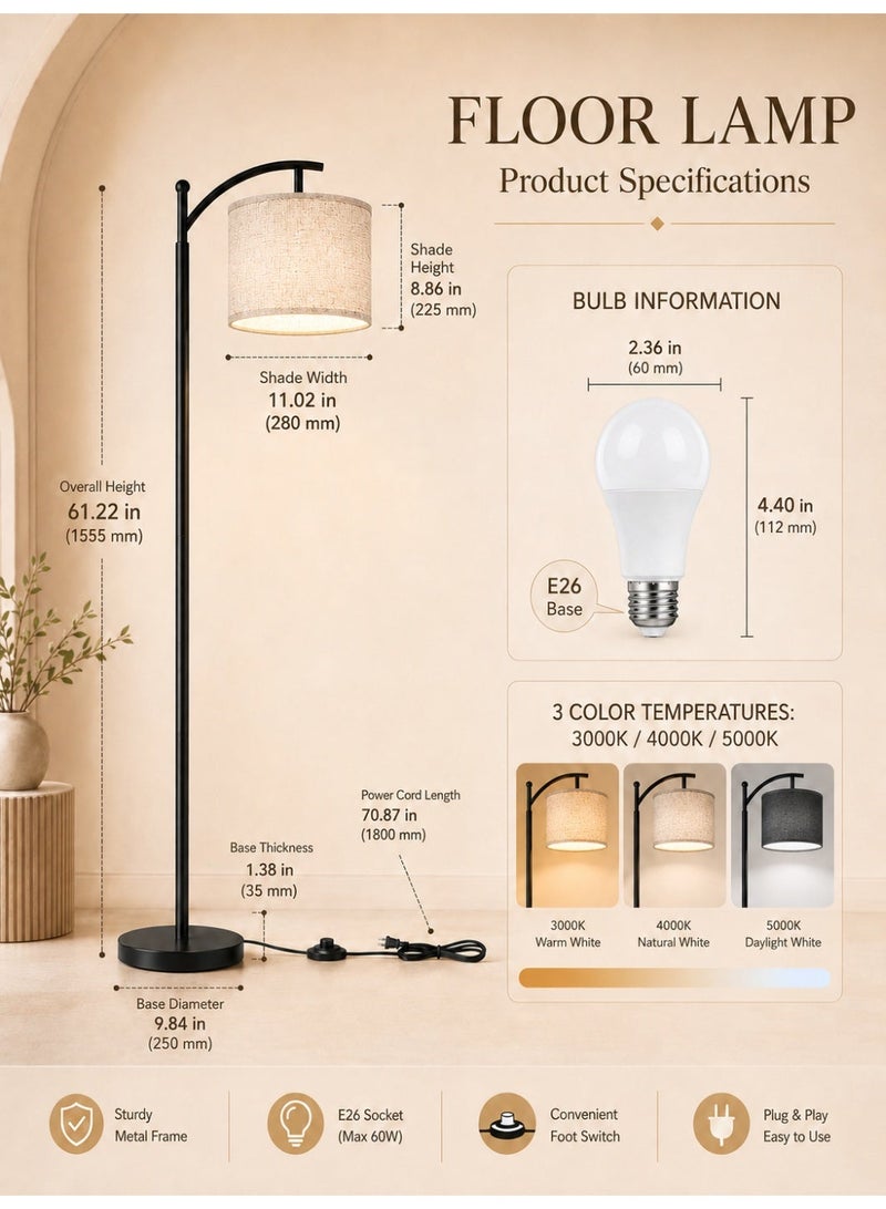 OHAHO Floor Lamp for Living Room with 3 Color Temperatures LED Bulb, Modern Standing Lamp with Adjustable Linen Shade, Standing Lamp Tall Industrial Floor Lamp Reading for Bedroom, Office - Image 2