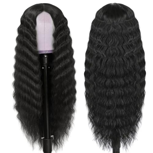 Clione 28 Inch Long Curly Synthetic Hair Wigs for Women Black Lace Front Wig Synthetic Curly Wigs Deep Wave Wig with 4" Simulated Scalp Natural Crimps Curls Hair Replacement Wigs for Daily Party Use 1B# - Image 2
