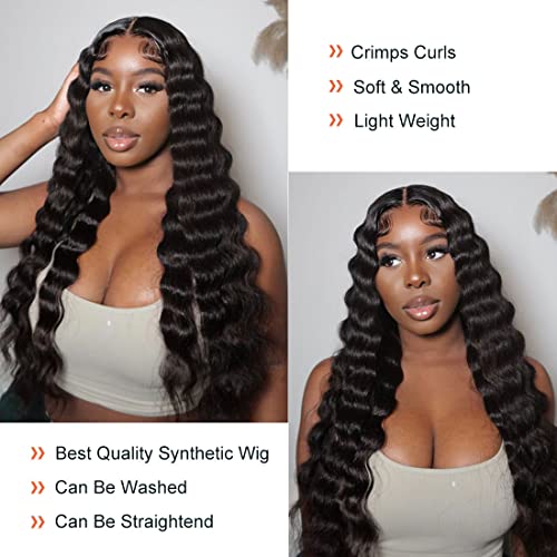 Clione 28 Inch Long Curly Synthetic Hair Wigs for Women Black Lace Front Wig Synthetic Curly Wigs Deep Wave Wig with 4" Simulated Scalp Natural Crimps Curls Hair Replacement Wigs for Daily Party Use 1B# - Image 3