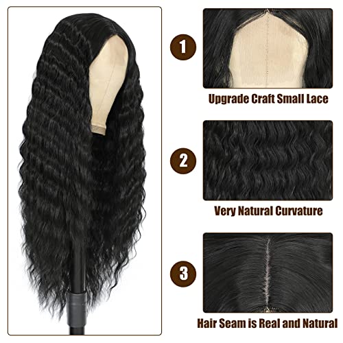Clione 28 Inch Long Curly Synthetic Hair Wigs for Women Black Lace Front Wig Synthetic Curly Wigs Deep Wave Wig with 4" Simulated Scalp Natural Crimps Curls Hair Replacement Wigs for Daily Party Use 1B# - Image 5